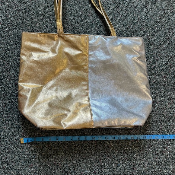 Color-block Shiny Metallic Silver & Gold Medium Large Tote Bag Pockets Laptop - Picture 15 of 16